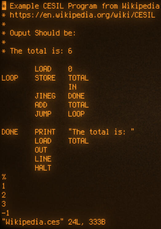 CESIL example code from Wikipedia.