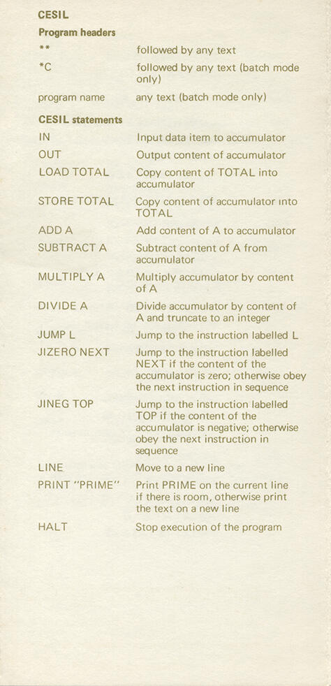 Page 9 of ICL CES Reference Card (First Page on CESIL)