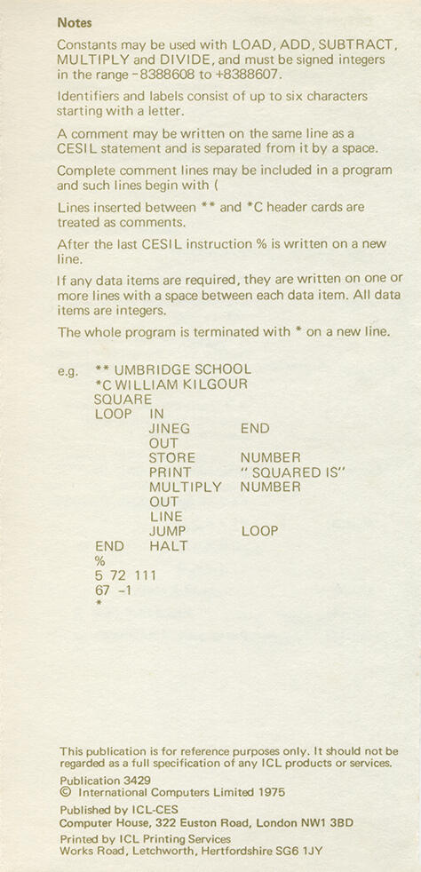 Page 10 of ICL CES Reference Card (Second Page on CESIL)