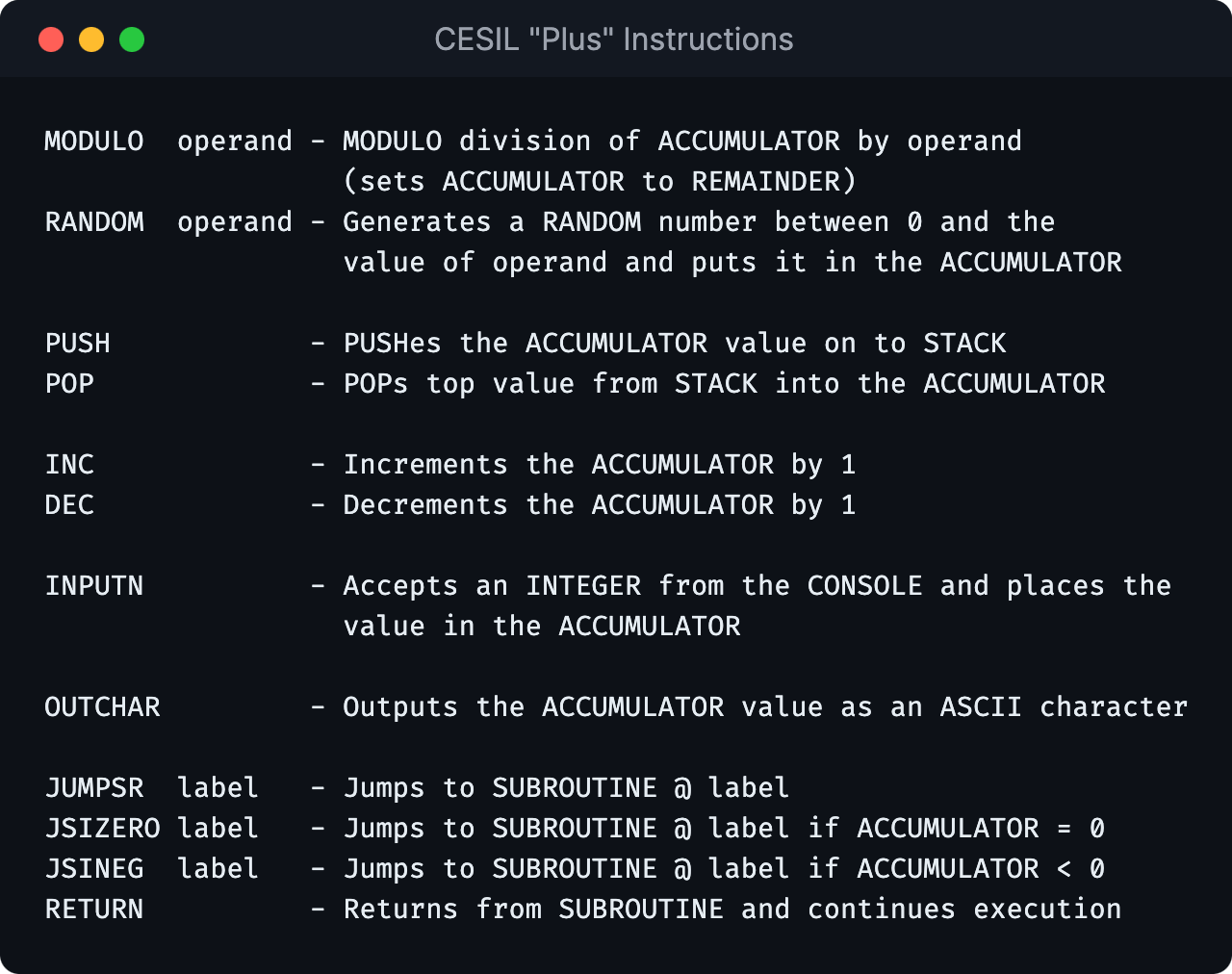 List of CESIL Plus instructions. A text version is available from the GitHub links.
